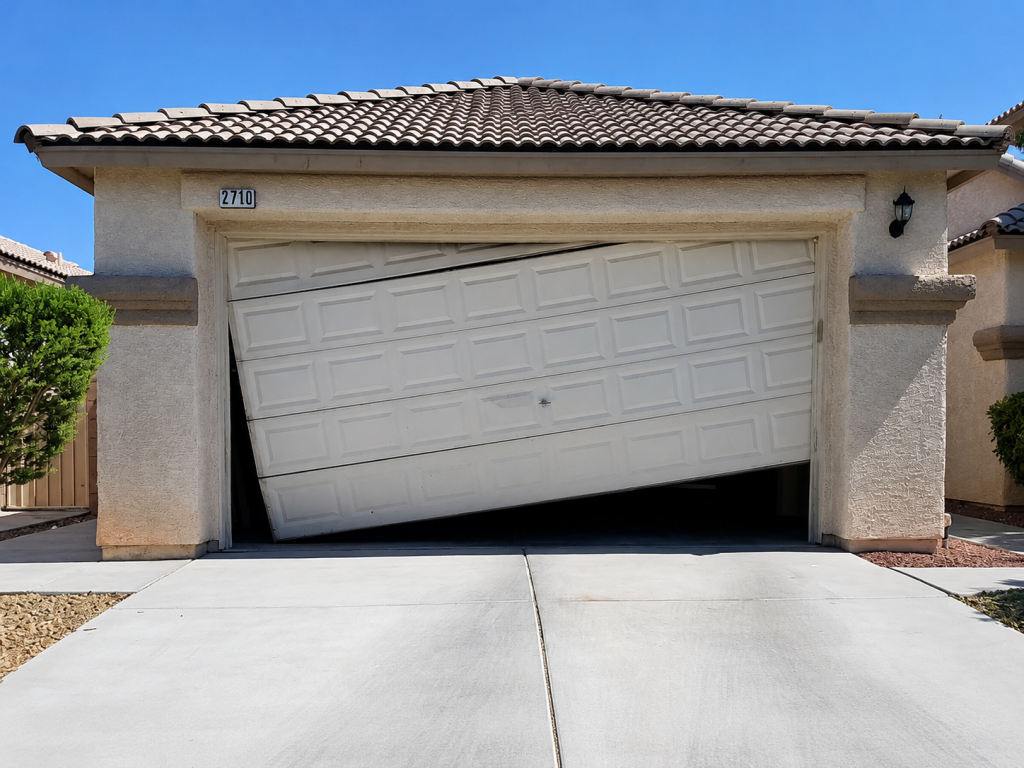 Garage Door Repair vs Replacement: How to Know What’s Best for Your Home 2 Damaged and misaligned garage door hanging unevenly on a residential home, showing signs that the garage door needs to be installed or fully replaced for safe operation.