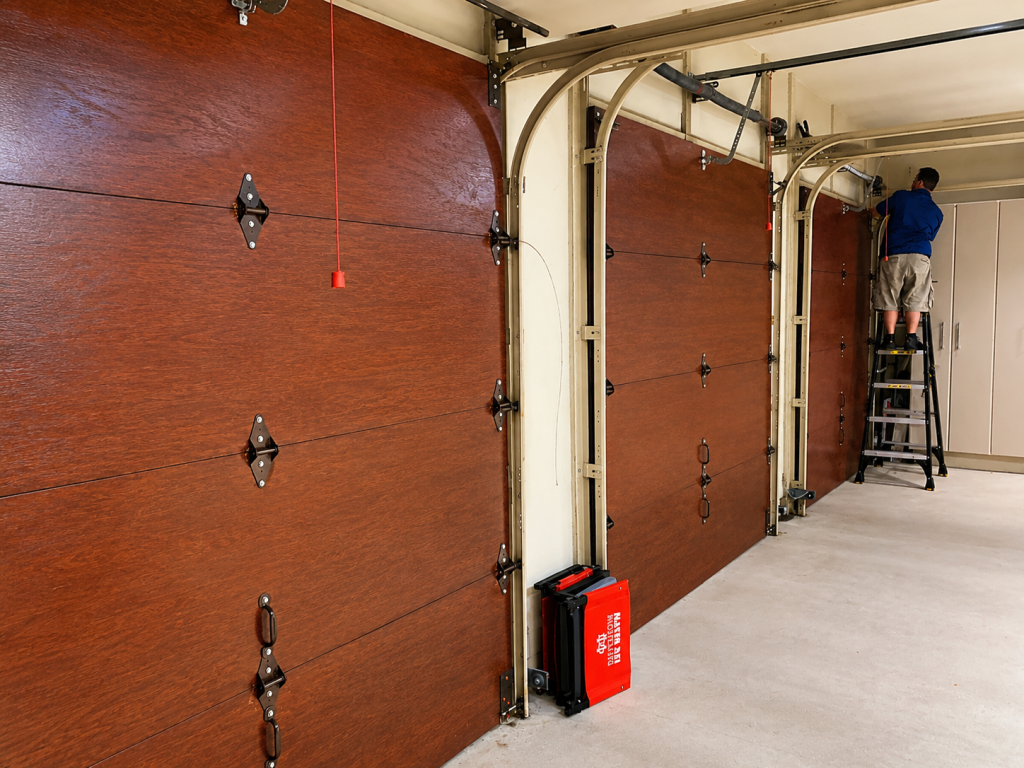 Garage Door Repair vs Replacement: How to Know What’s Best for Your Home 1 Garage door expert installing modern wood-style garage doors inside a residential garage with professional tracks, hardware, and opener components.