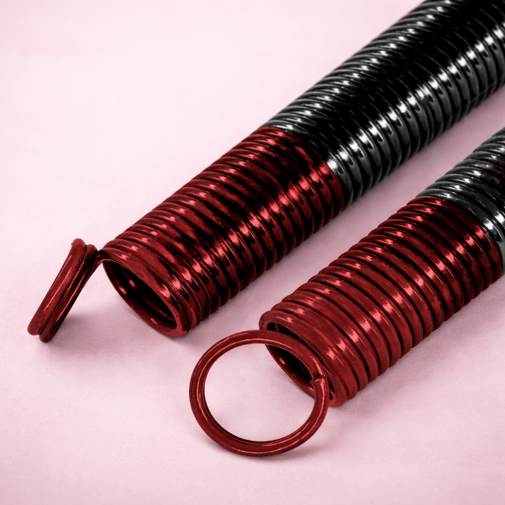 Garage Door Spring Basics: Safety Every Homeowner Needs 2 Close-up of a red and black garage door extension spring with looped ends, highlighting durable coil construction used for balancing and lifting garage doors.