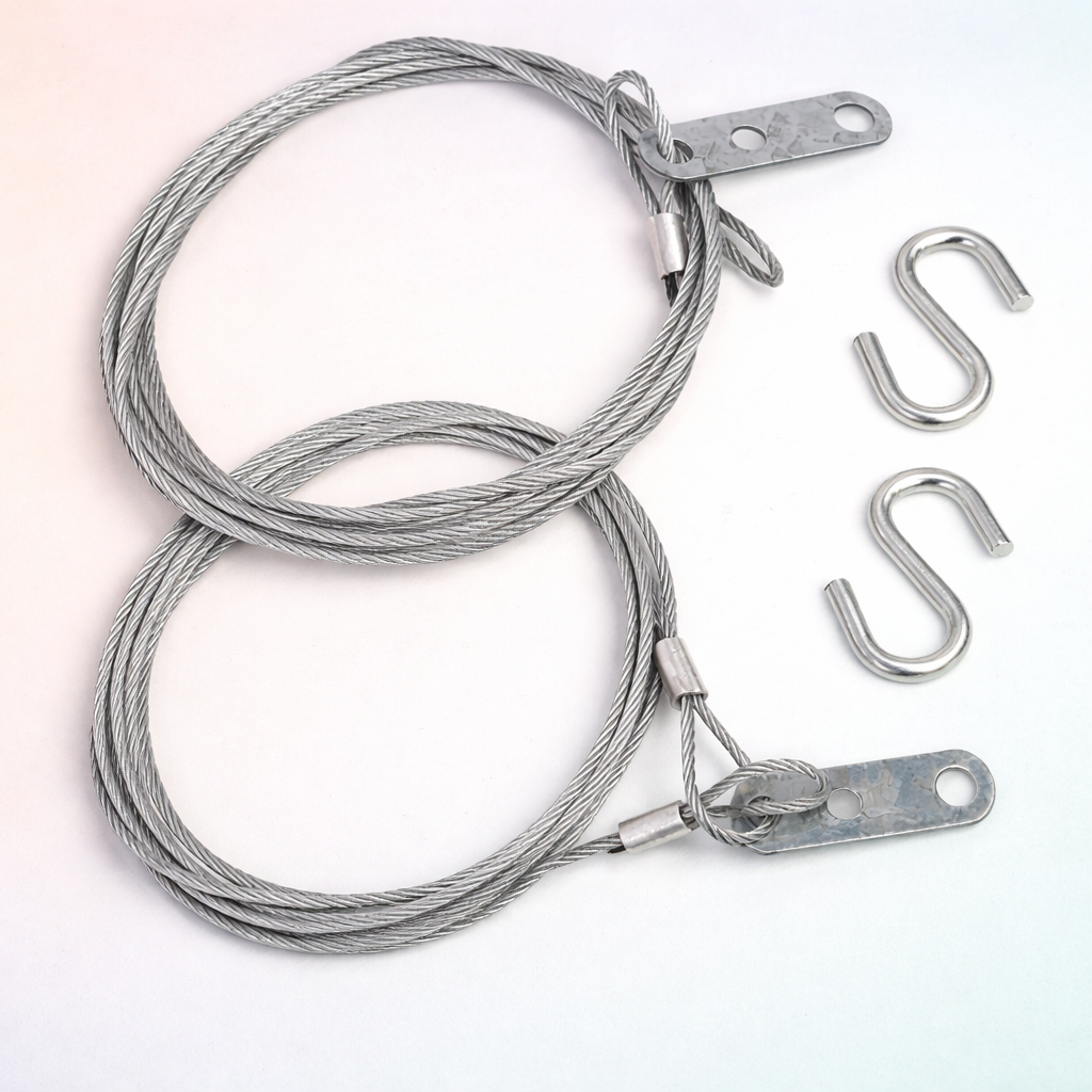 Close-up of galvanized garage door safety cables with metal brackets and S-hooks on a soft pastel background, illustrating essential components for garage door spring safety and secure installation.