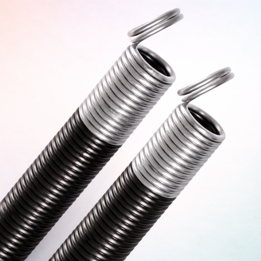 Close-up image of two heavy-duty garage door extension springs with tightly wound coils and hooked ends, showing the tension mechanism used in a garage door spring system for lifting and balancing the door.