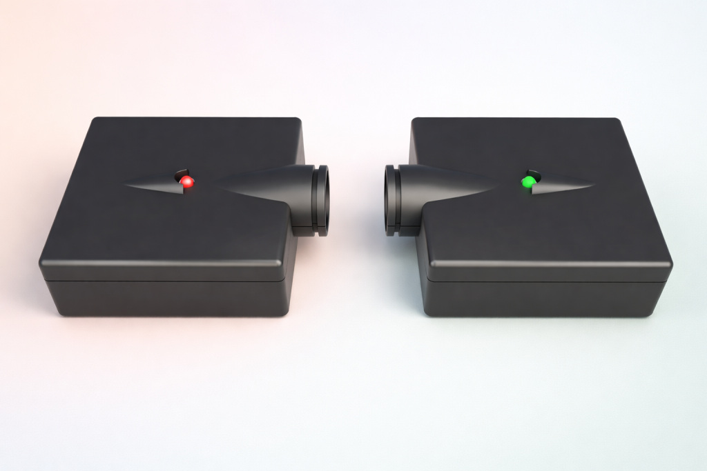 Close-up of two garage door safety sensors facing each other with red and green LED indicators, demonstrating proper alignment for safe garage door operation.