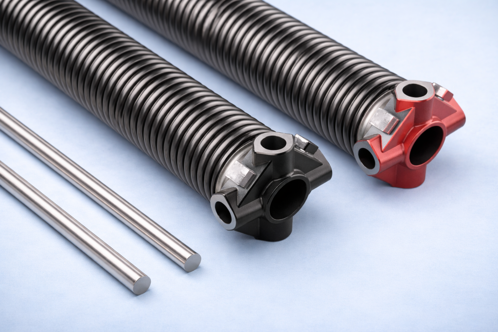 Garage Door Spring Basics: Safety Every Homeowner Needs 1 Close-up of garage door torsion springs with metal winding cones and steel rods, showing durable components used for balanced and controlled garage door operation.