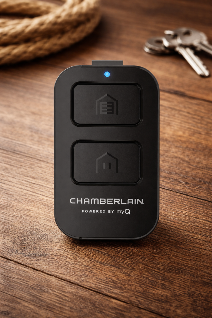 Chamberlain Garage Door Opener and Remote Setup: Complete Programming Guide 2 Chamberlain universal remote on a brown wooden table with keys nearby, showing two-button design and LED indicator for garage door opener control