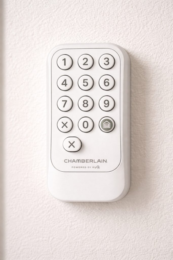Chamberlain Garage Door Opener and Remote Setup: Complete Programming Guide 3 Chamberlain universal wireless keypad mounted on a wall, showing numbered buttons and keyless entry design for garage door opener access.