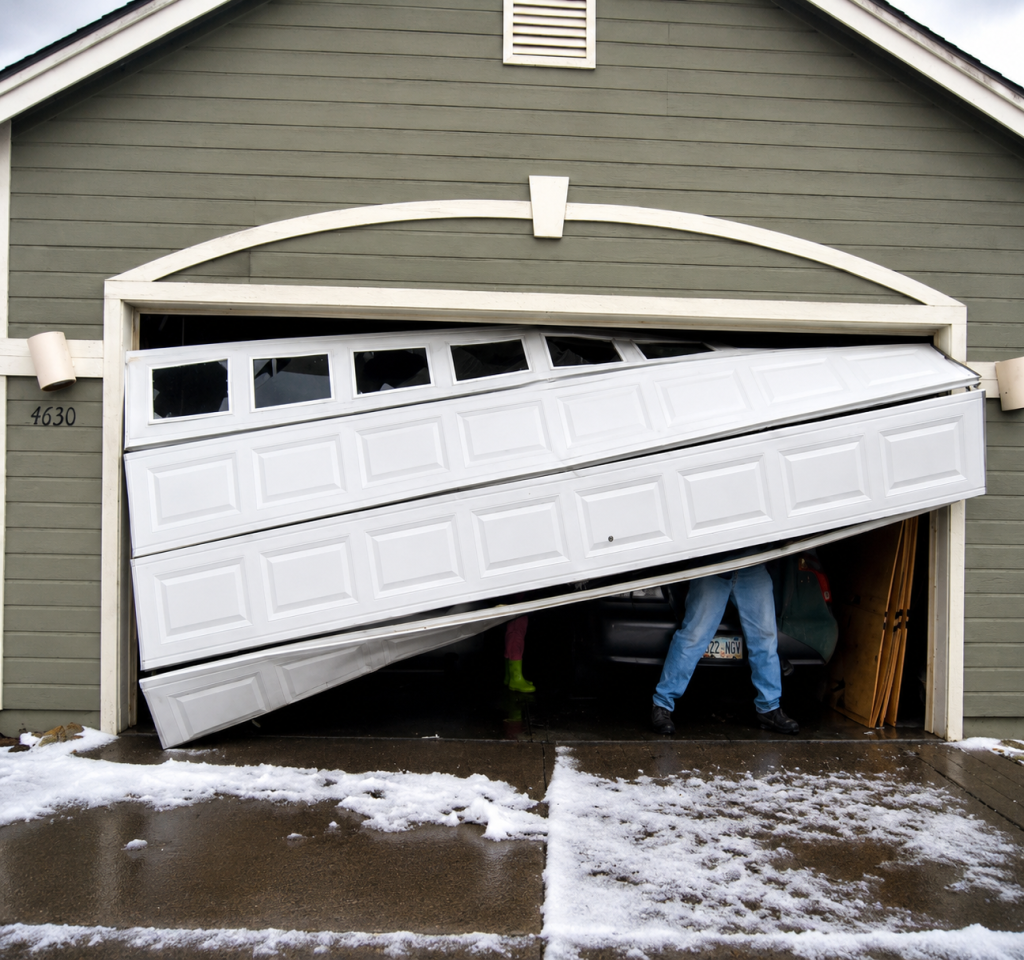 Collapsed garage door hanging unevenly off track in front of a residential home, showing severe garage door damage and the need for emergency garage door repair.