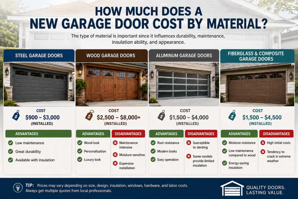 Infographic comparing garage door costs by material, showing the average installation price, advantages, and disadvantages of steel, wood, aluminum, and fiberglass/composite garage doors to help homeowners choose the best option.