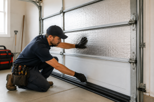 Professional garage door technician weatherproofing and insulating a residential garage door with reflective insulation panels and bottom weather seal to improve energy efficiency, temperature control, and garage door insulation performance.