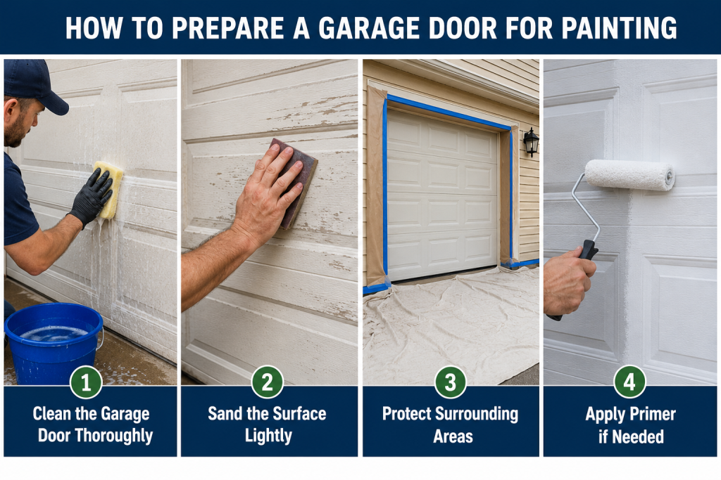 How to Paint a Garage Door Without Brush Marks (Full Guide) 2 Step-by-step infographic showing how to prepare a garage door for painting, including cleaning, sanding, protecting surrounding areas, and applying primer for a smooth professional finish.