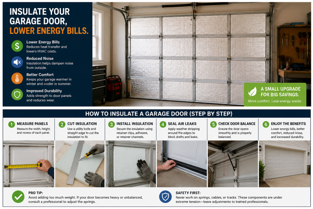 How to Insulate a Garage Door (Cut Energy Bills Fast) 2 Insulated garage door panels inside a residential garage showing step-by-step garage door insulation benefits, including lower energy bills, noise reduction, improved comfort, and better durability.