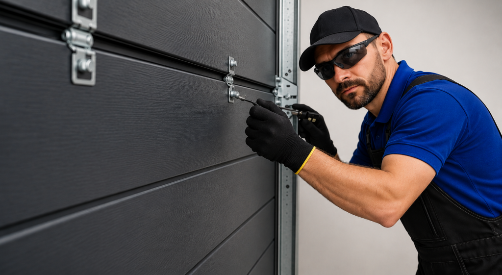 Garage door technician installing a modern dark gray garage door while adjusting hardware with professional tools and safety gear inside a residential garage.