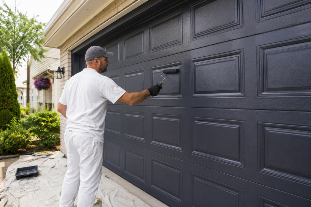 How to Paint a Garage Door Without Brush Marks (Full Guide) 1 Professional garage door technician painting a modern black garage door with a roller for a smooth and streak-free finish on a residential home.