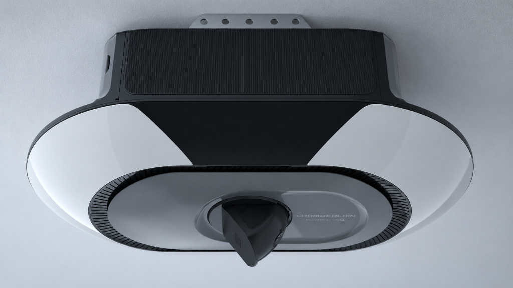 Modern Chamberlain B6753T Smart Garage Door Opener with a cool tone background design, featuring a sleek black-and-white design and integrated camera for smart home garage access and monitoring.