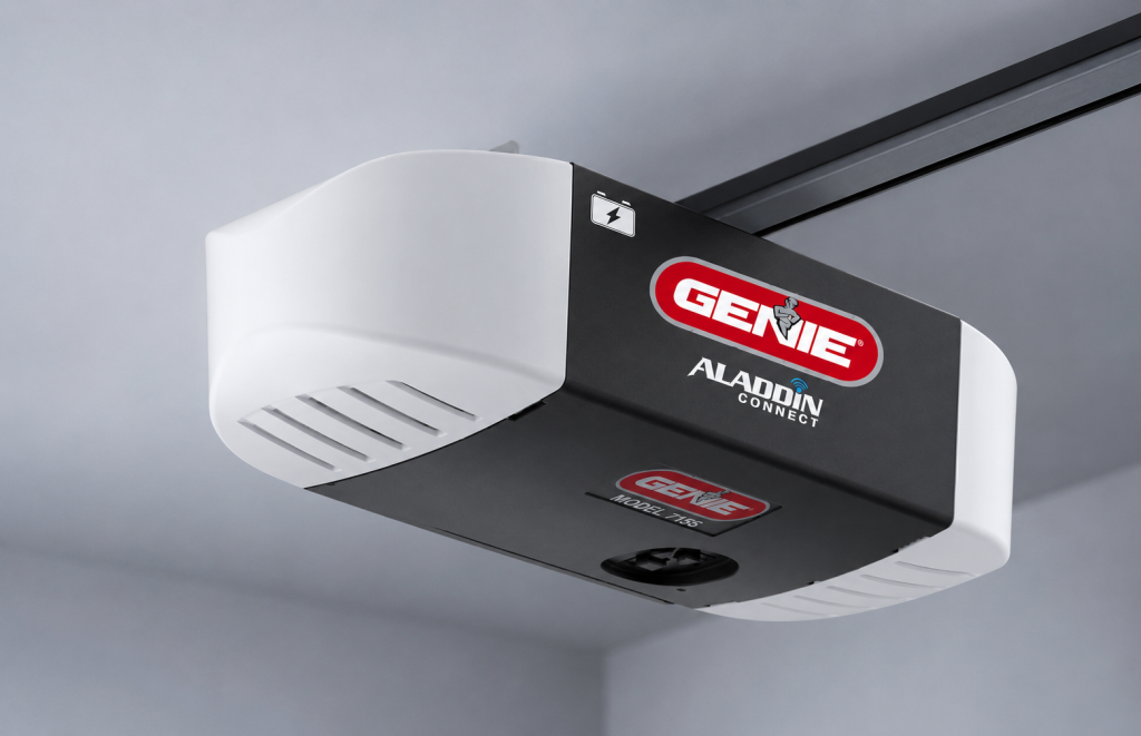 Genie StealthDrive Connect smart garage door opener mounted on a ceiling rail system, featuring ultra-quiet belt-drive technology and integrated smart home connectivity in a modern residential garage setting.