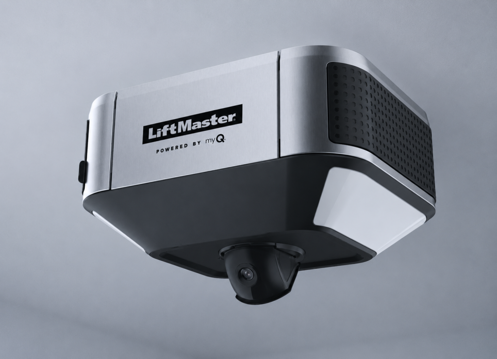 LiftMaster 84505R Smart Opener with integrated camera, featuring a sleek modern design and smart garage door control technology for enhanced home security.