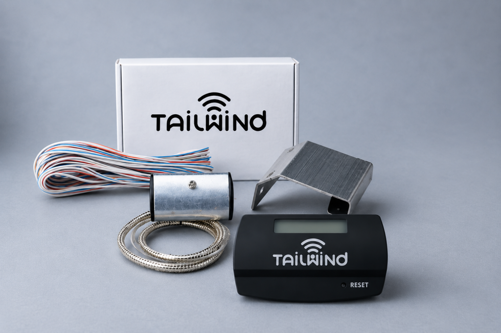 Tailwind iQ3 Smart Garage Controller kit with control module, wiring harness, sensor, mounting bracket, and accessories displayed on a cool-toned background, showcasing a smart garage door controller for remote garage access and automation.