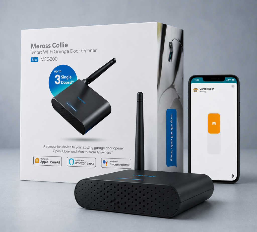 Meross Smart Garage Door Opener Remote with Wi-Fi connectivity displayed alongside product packaging and a smartphone app interface, showcasing remote garage door control, monitoring, and smart home integration.