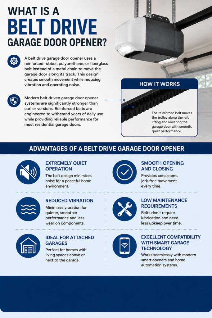 Infographic explaining a belt drive garage door opener, showing how a reinforced rubber belt operates the system and highlighting key benefits such as quiet operation, smooth performance, low maintenance, reduced vibration, and smart garage compatibility.