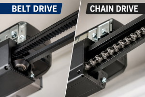 Close-up comparison of a belt drive and chain drive garage door opener, highlighting the reinforced rubber belt and steel chain to illustrate their design differences for residential garage doors.