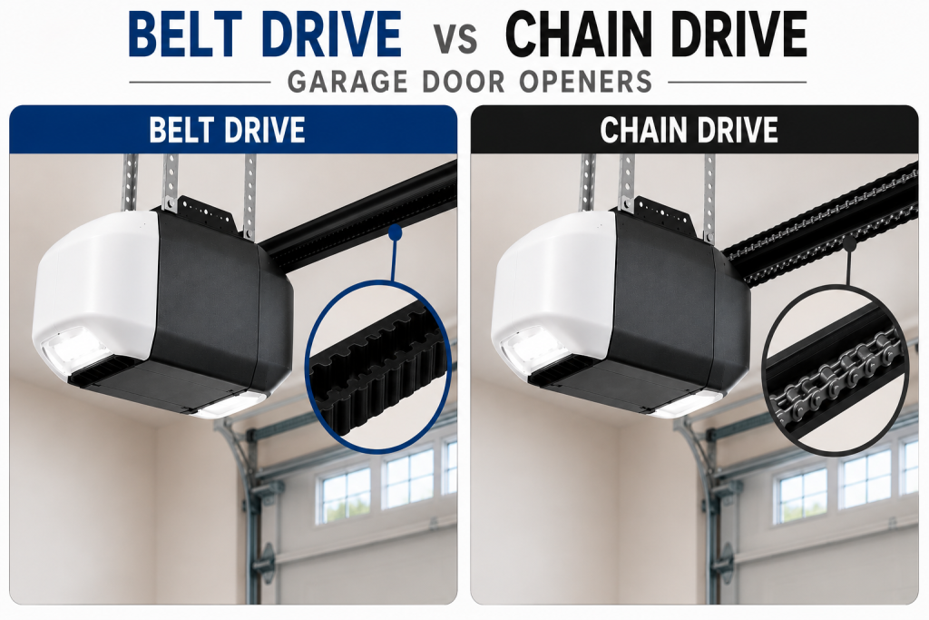 Side-by-side comparison of a belt drive vs chain drive garage door opener, highlighting the reinforced rubber belt and metal chain mechanisms to help homeowners understand the differences between the two drive systems.