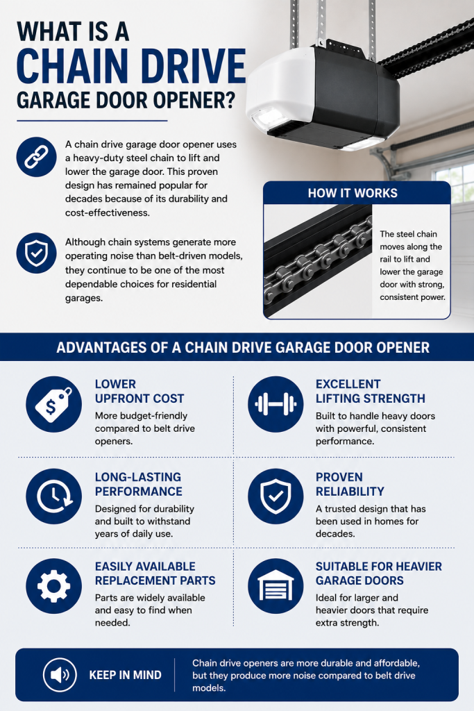 Infographic explaining a chain drive garage door opener, showing how a heavy-duty steel chain lifts and lowers a garage door, along with its key advantages including durability, lifting strength, reliability, affordable cost, and easy maintenance.