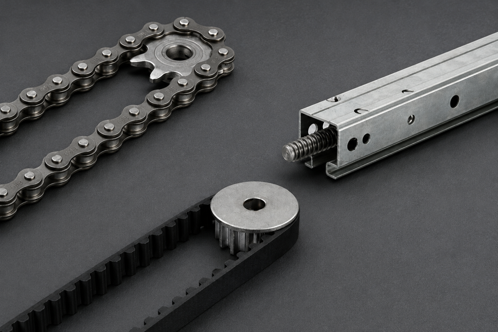 Close-up comparison of screw drive and belt drive garage door opener systems, featuring a threaded drive rail, reinforced belt with pulley, and chain components used to illustrate different garage door opener drive mechanisms.