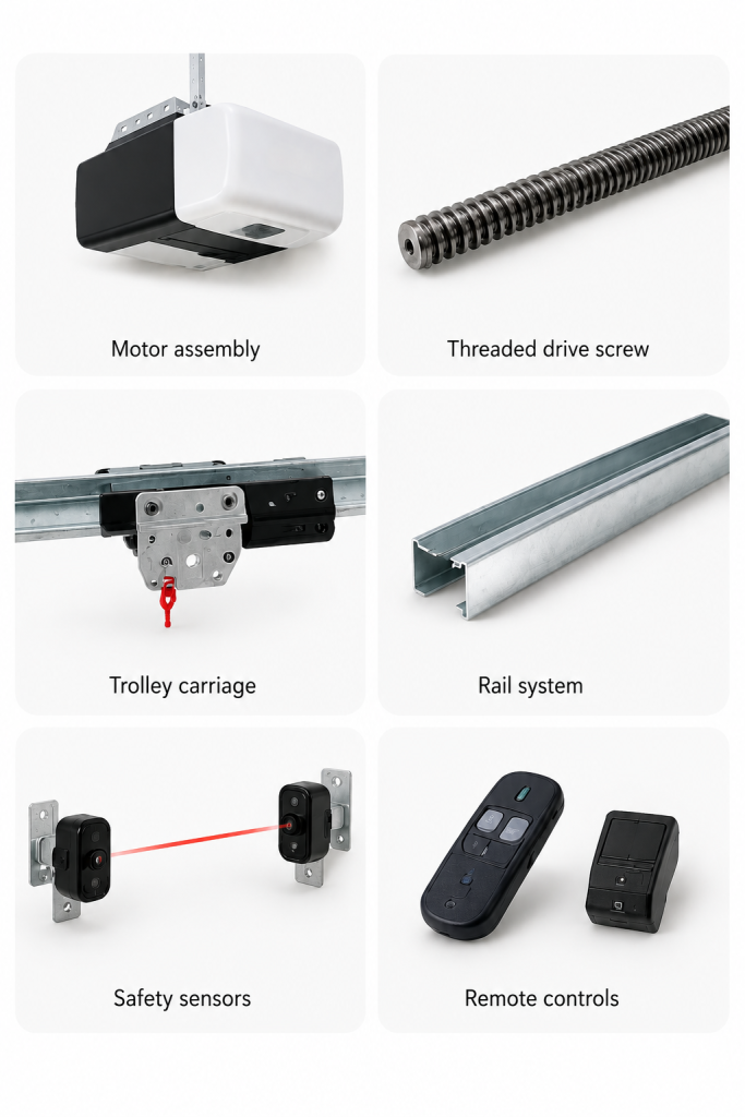 Infographic showing the key components of a screw drive garage door opener, including the motor assembly, threaded drive screw, trolley carriage, rail system, safety sensors, and remote controls arranged in labeled panels.