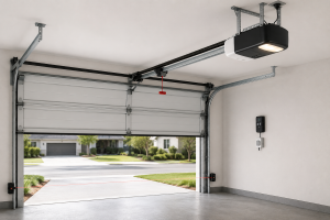 **ALT Text:** Modern garage door with an automatic garage door opener system, featuring a ceiling-mounted opener, rail track, trolley assembly, safety sensors, and partially open sectional garage door in a residential garage.