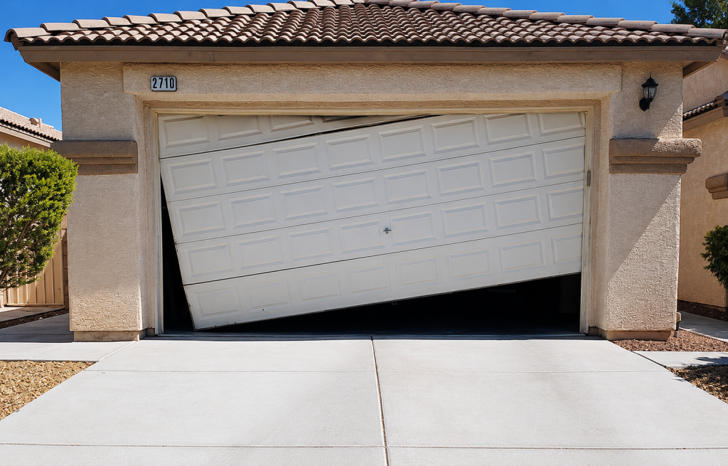 Crashed garage door hanging unevenly on a residential home, showing significant structural damage and highlighting the need for professional garage door repair company services to restore safe operation.