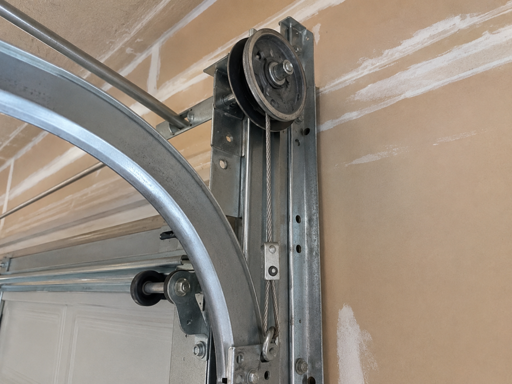 Close-up of a garage door cable, rollers, and track assembly, showing how the garage door cable supports smooth, balanced, and safe operation within the garage door system.