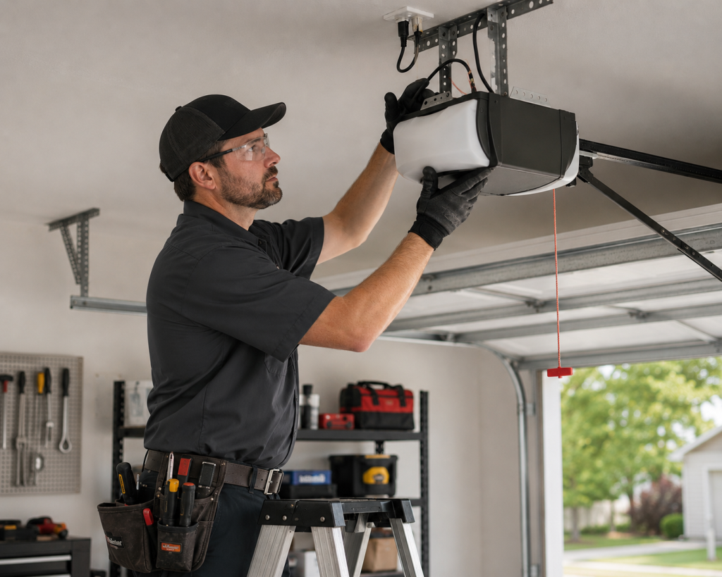 Professional garage door motor replacement by a trained technician installing a new garage door opener in a residential garage using proper tools and safe installation practices.