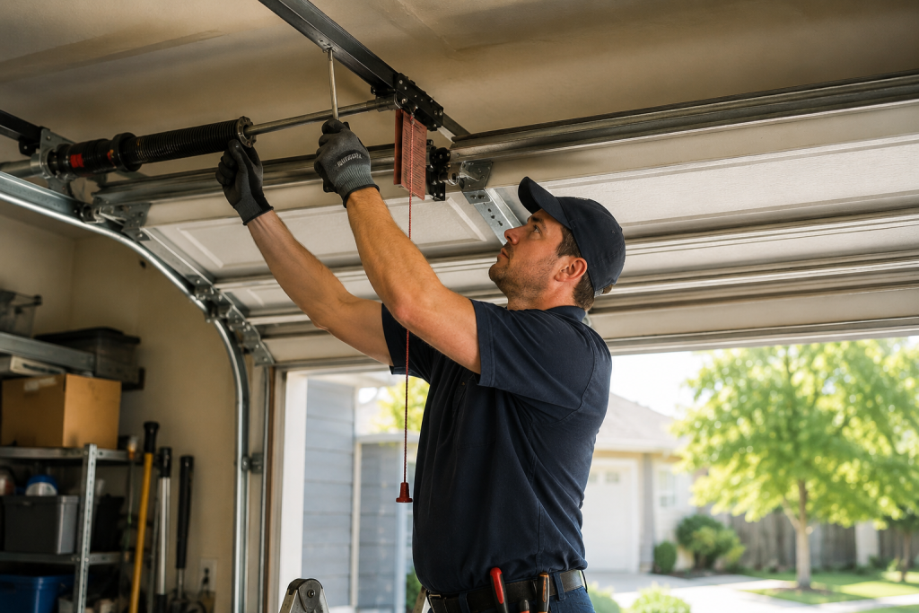Professional garage door repair technician inspecting and repairing a residential garage door system inside a home garage, demonstrating the expertise homeowners should look for when choosing the right garage door repair company.