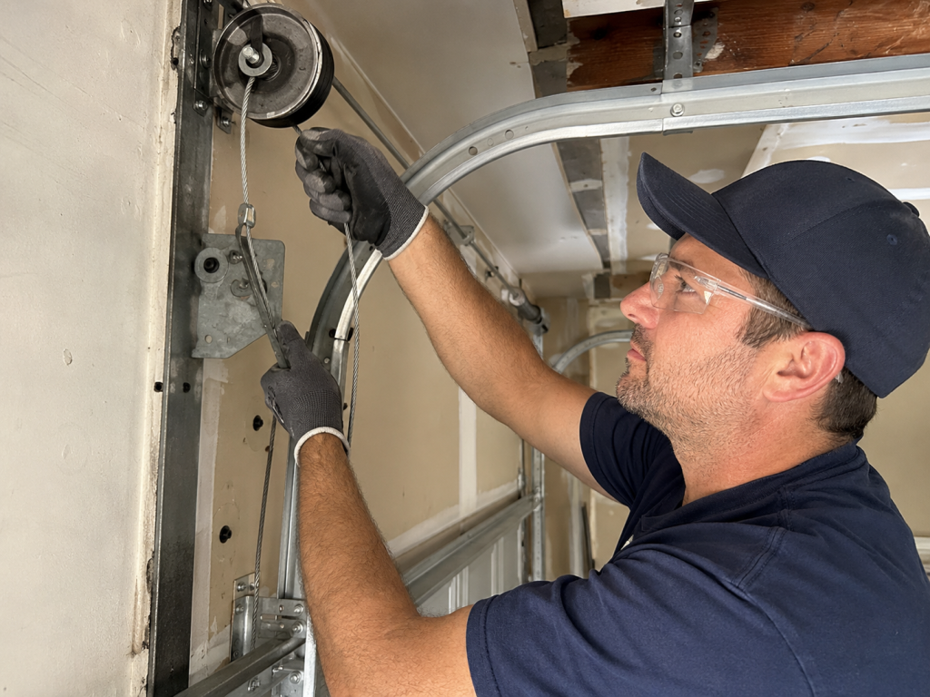 Professional garage door technician performing a garage door cable replacement by installing a new steel cable on a residential garage door system to restore safe and reliable operation.