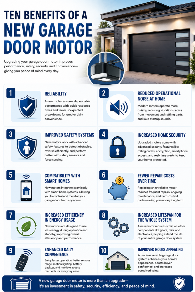Infographic highlighting the ten benefits of a new garage door motor, including improved reliability, quieter operation, enhanced safety, better home security, smart home compatibility, lower repair costs, increased energy efficiency, longer system lifespan, greater convenience, and improved home appeal.