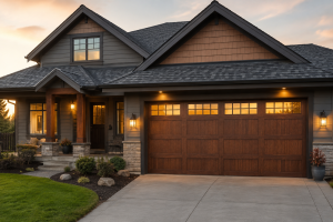 Wood look garage door on a beautiful residential house with modern Craftsman-style architecture, warm exterior lighting, landscaped front yard, and a clean driveway, showcasing the curb appeal and natural appearance of a wood grain garage door.