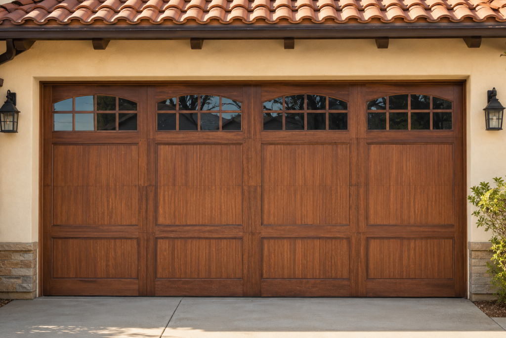 Repair of Wood Look Garage Doors for Residential Homes 1 Wood look garage door on a residential home featuring realistic wood-grain panels, decorative windows, and a modern exterior design, showcasing the natural appearance and curb appeal of a wood look garage door.