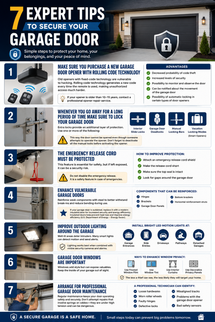 Infographic showing 7 expert tips to secure your garage door, including upgrading to a rolling code garage door opener, using interior locks, protecting the emergency release cord, reinforcing door components, improving outdoor lighting, adding window privacy, and scheduling professional garage door maintenance for better home security.