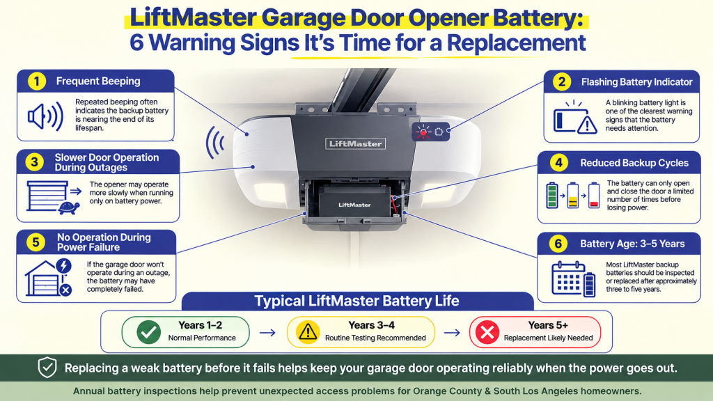 LiftMaster garage door opener battery infographic showing six warning signs that indicate it's time to replace the backup battery, including beeping alerts, flashing lights, and reduced backup power.
