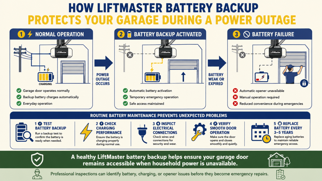 LiftMaster garage door opener battery backup infographic illustrating how the backup battery automatically powers the garage door during a power outage to ensure safe and reliable operation.
