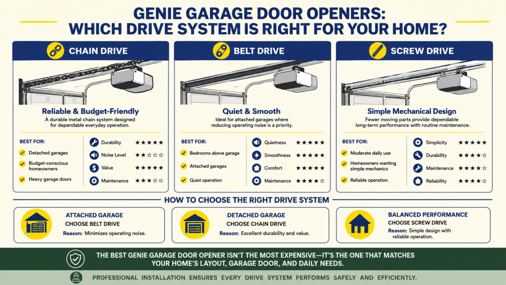 Genie garage door opener infographic comparing chain, belt, screw, and wall-mounted drive systems to help homeowners choose the right option for their garage.