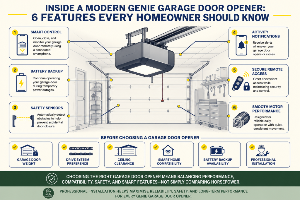 Modern Genie garage door opener infographic highlighting six key features including Wi-Fi connectivity, battery backup, smart controls, safety sensors, LED lighting, and quiet operation.
