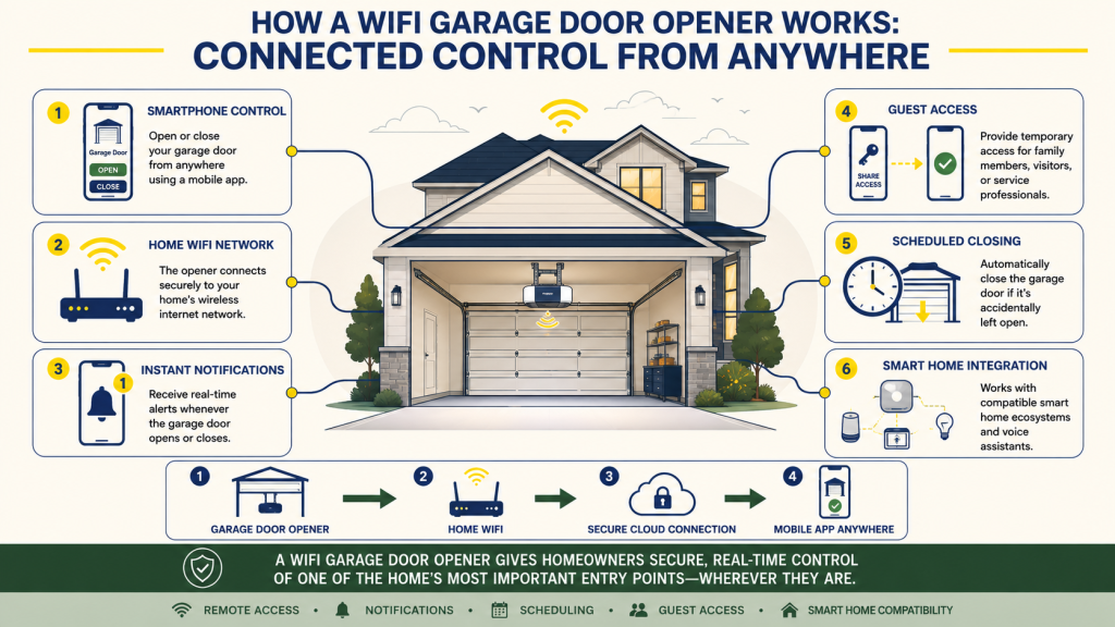 WiFi Garage Door Opener: Is It Worth the Upgrade? 1 WiFi garage door opener infographic illustrating how a smart garage door opener connects to a mobile app for remote access, real-time alerts, and secure control from anywhere.