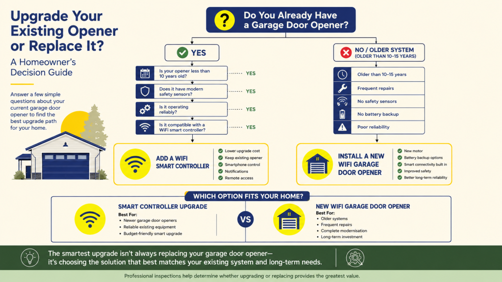 WiFi Garage Door Opener: Is It Worth the Upgrade? 2 WiFi garage door opener decision guide infographic helping homeowners determine whether to upgrade an existing garage door opener with smart features or replace it with a new system.