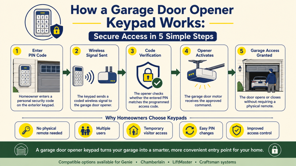 Garage Door Opener Keypad: Setup, Resets & Troubleshooting Guide 1 Garage door opener keypad infographic showing how a wireless keypad securely communicates with the garage door opener, allowing homeowners to open and close the garage using a personal PIN code.