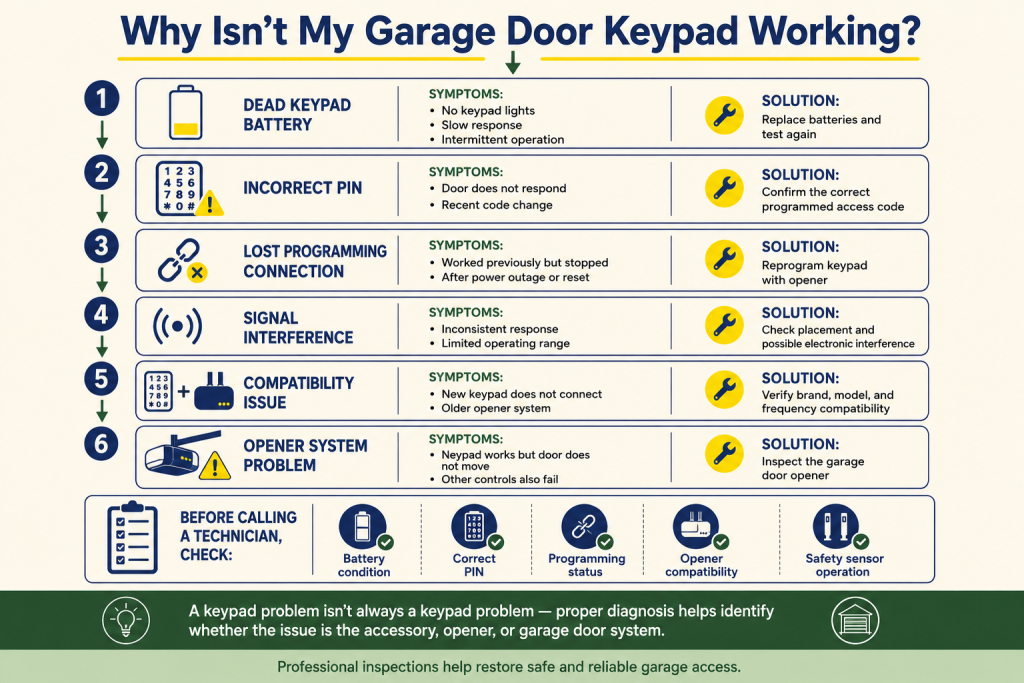 Garage Door Opener Keypad: Setup, Resets & Troubleshooting Guide 2 Garage door opener keypad troubleshooting infographic highlighting six common problems, including dead batteries, incorrect PIN codes, signal interference, programming errors, damaged buttons, and weather-related issues.