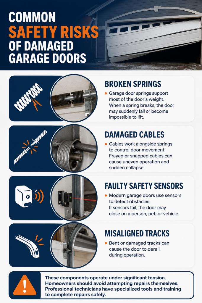 Infographic highlighting signs that may indicate your garage door is in trouble, including broken springs, damaged cables, faulty safety sensors, misaligned tracks, and a crooked garage door requiring professional repair.