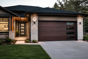 Modern home with a stylish wood-look curb appeal garage door, clean landscaping, and contemporary exterior lighting that enhances the home's facade and boosts residential curb appeal.