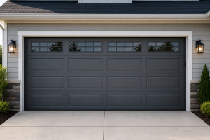 Modern residential garage door with a sleek dark gray panel design, showcasing a durable and stylish garage door that enhances home security, functionality, and curb appeal.