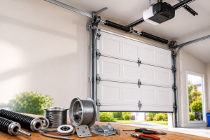 Close-up of essential garage door parts, including torsion springs, cables, drums, rollers, brackets, and a garage door opener, arranged in front of a sectional garage door to illustrate the main components used in garage door repair and maintenance.