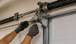 Technician tightening garage door torsion spring hardware with a wrench during a professional garage door repair service to restore safe and reliable door operation.